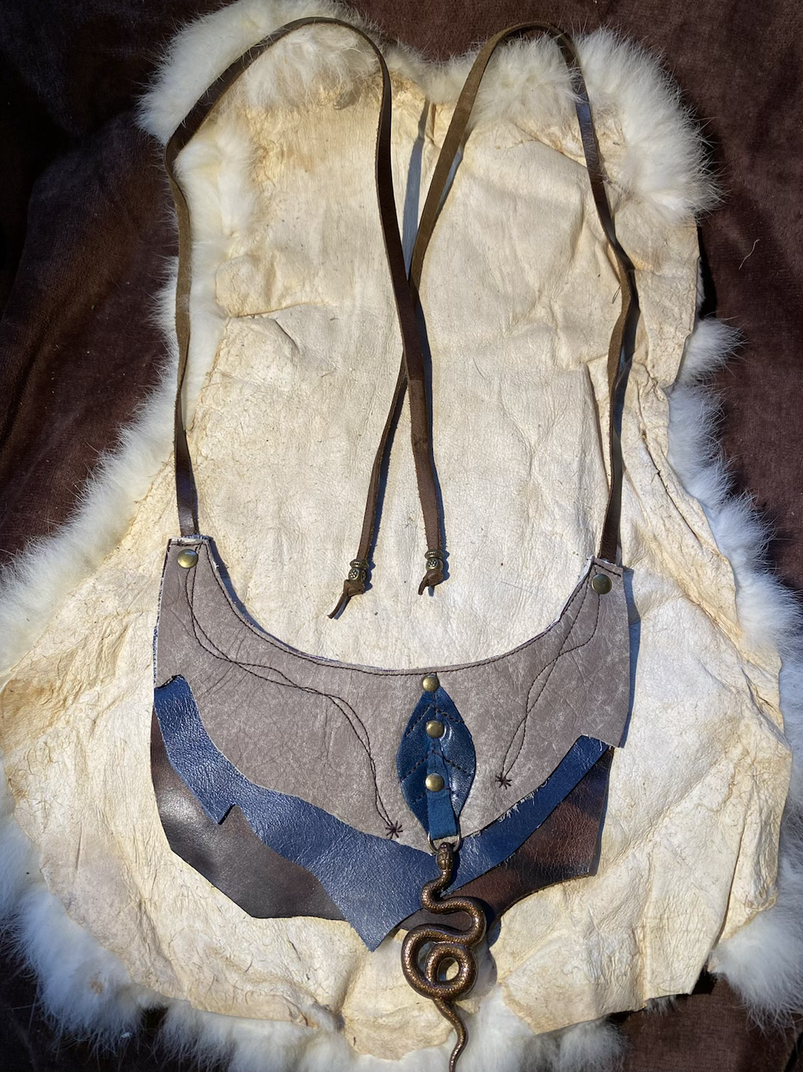 Blue, brown and grey leather bib necklace