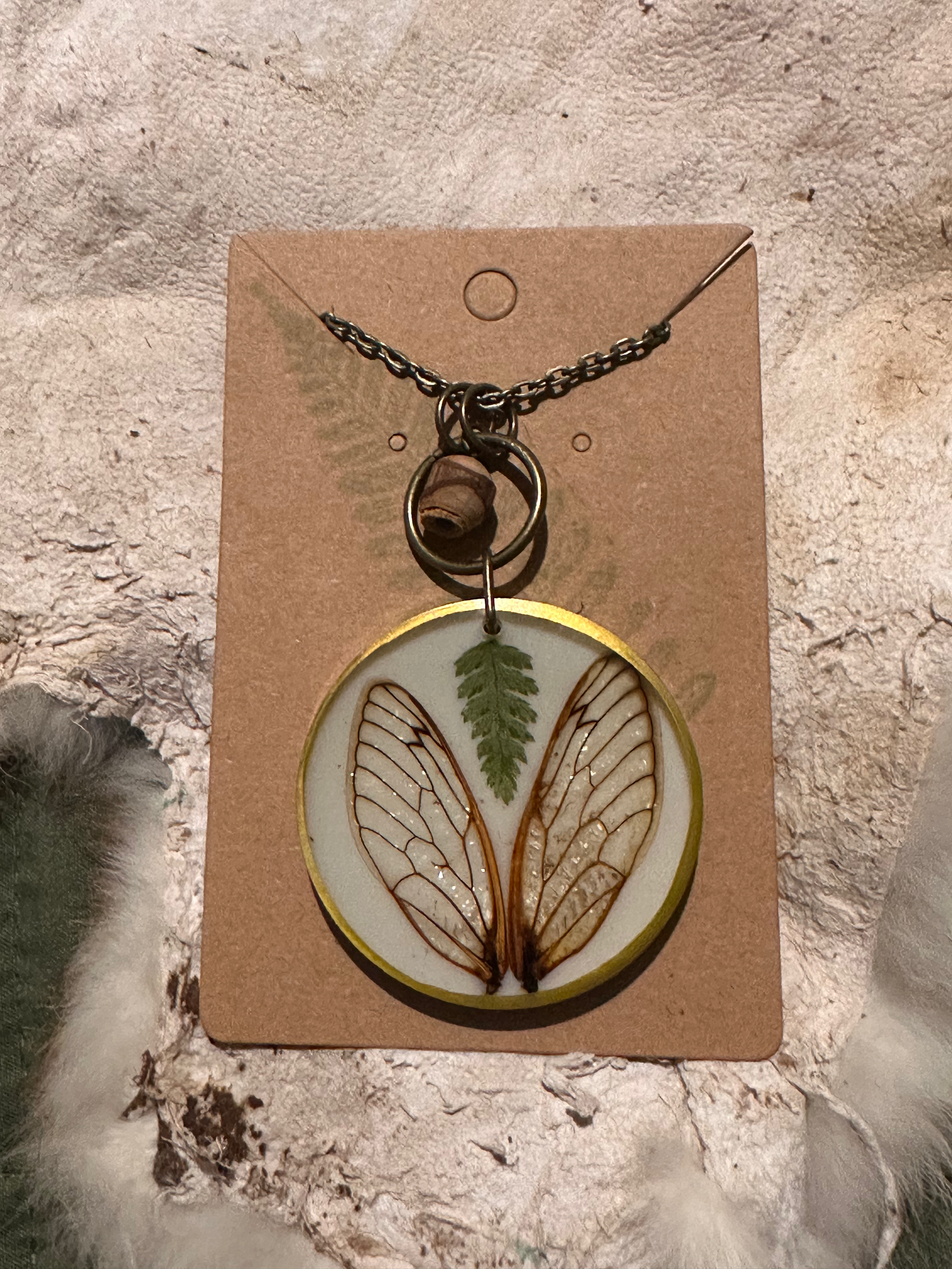 Large circle cicada wing necklace with pressed fern 