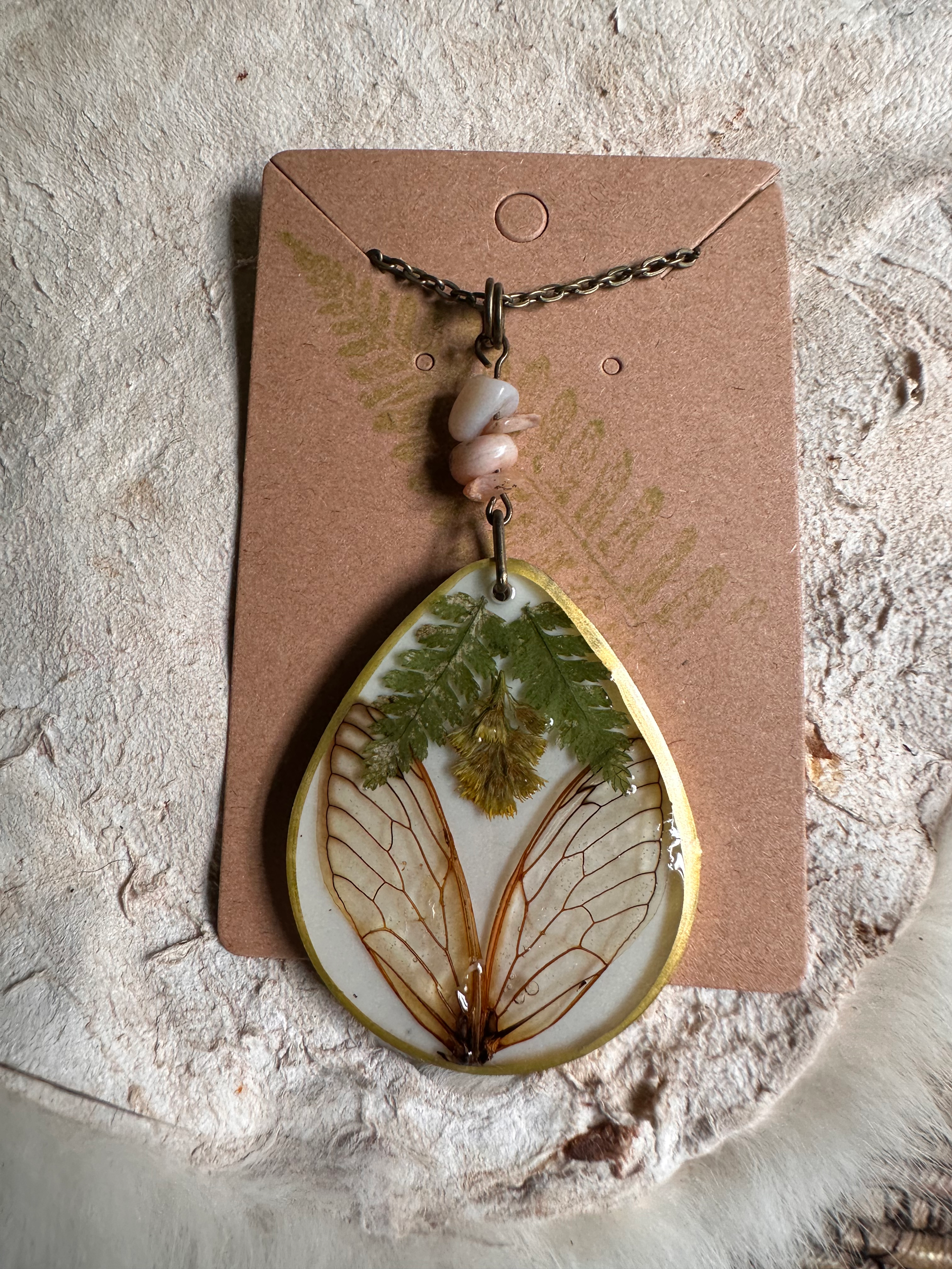 Large teardrop cicada wing necklace with pressed flowers, ferns  & gemstones 
