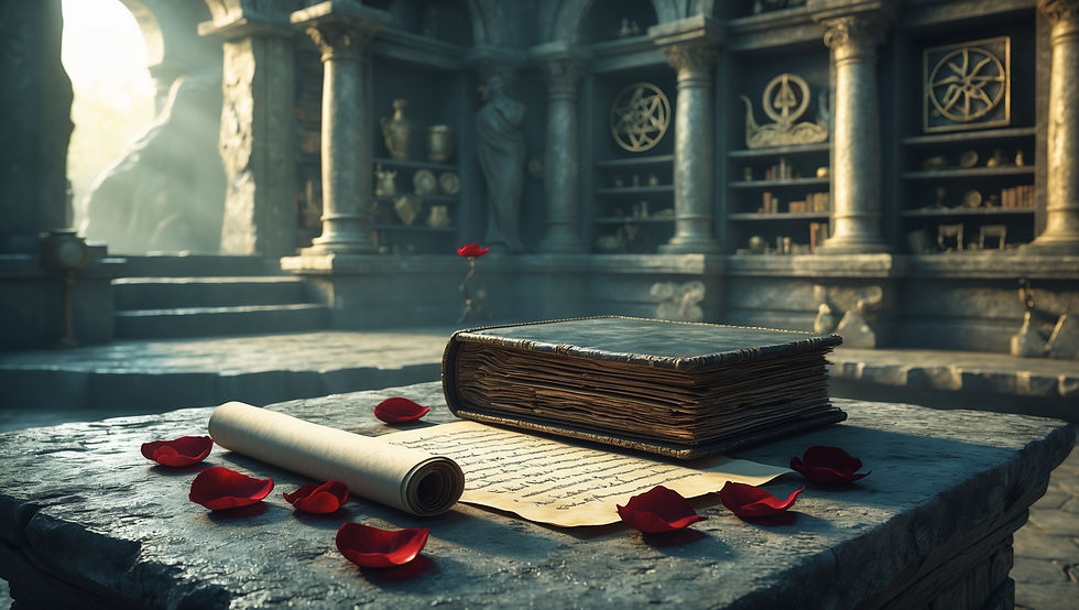 Opfertisch in Tempel mit Tagebuch und Brief