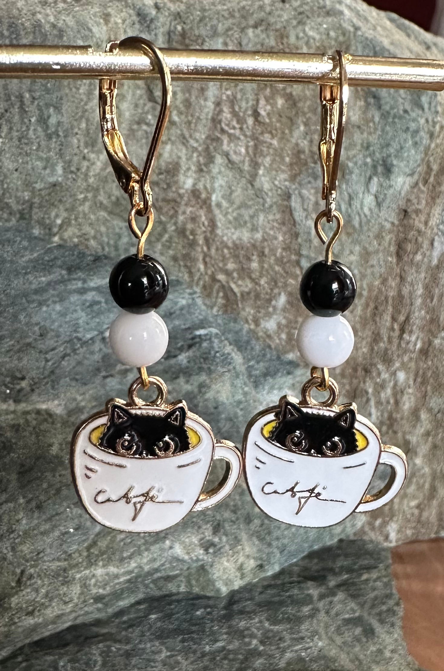 Black cat in coffee cup beaded earrings
