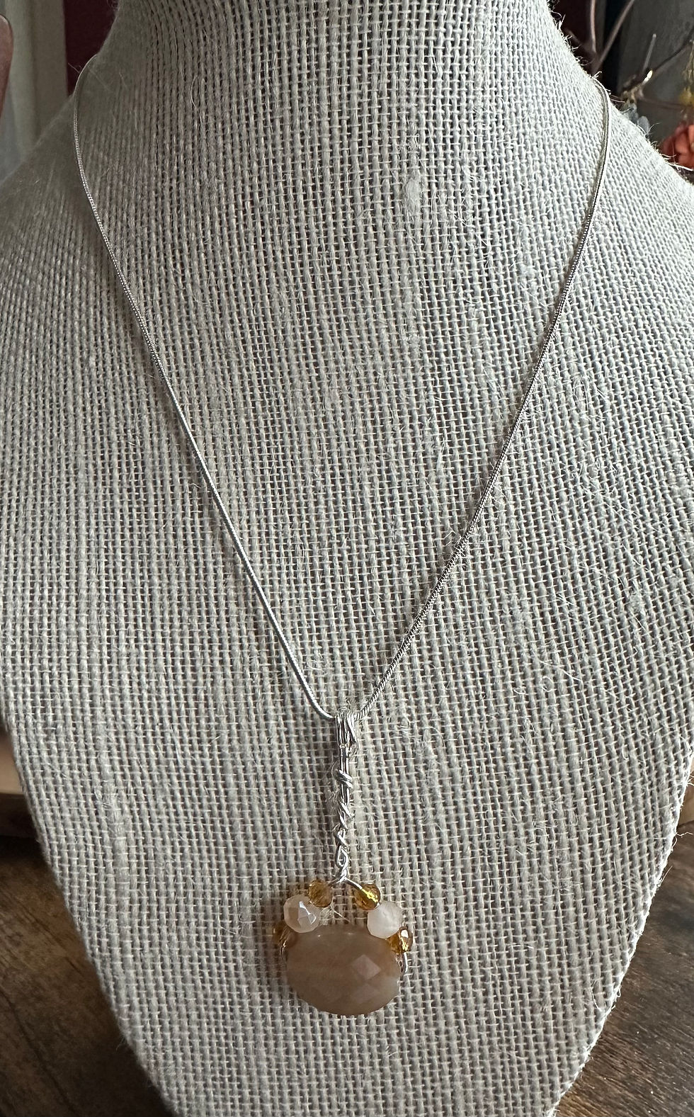 Thumbnail: Beaded topaz color stone pendant on silver chain