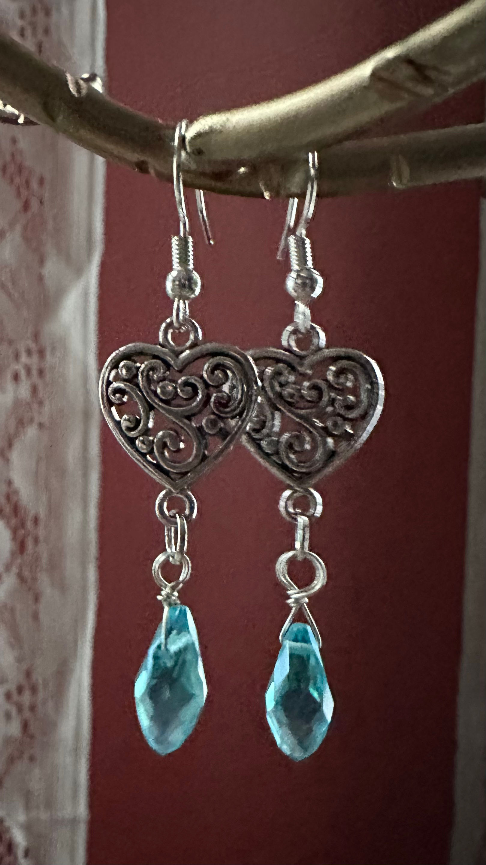 Filigree hearts with faceted aqua glass dangles