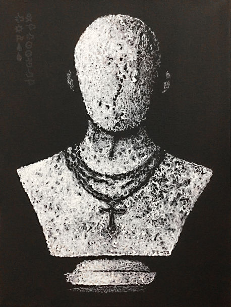 Painting of a white bust with a cross necklace against a black background.
