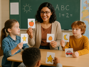 Teacher teaching the students with the help of flashcards