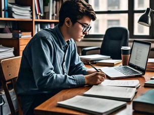 A student revising his notes with the help of tools.