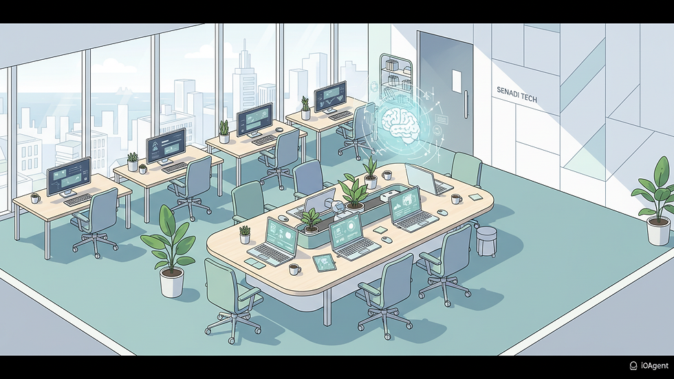 High angle view of a tech startup workspace in Sendai