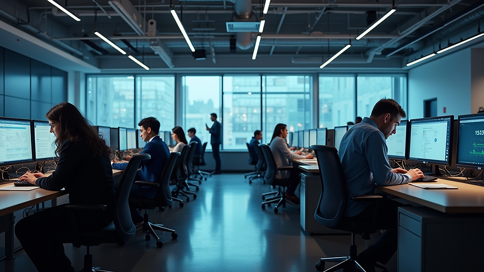 Eye-level view of a modern newsroom with journalists working on computers