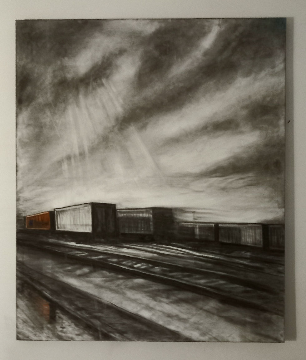 Container (2018, fusaggine, carbone e crete pastello su tela, 98 × 120cm)