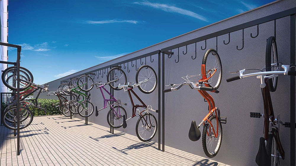 Bicicletário moderno em condomínio na Avenida Sabara