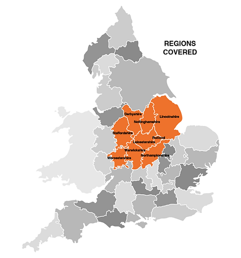 Map of the British Isles, showing areas of the East Midlands