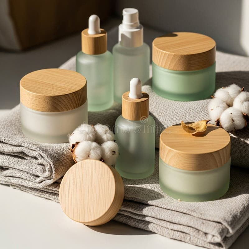 Sunlit bathroom shelf with amber pump bottles, small potted plants, and a beige towel on white tile wall, calm spa-like scene