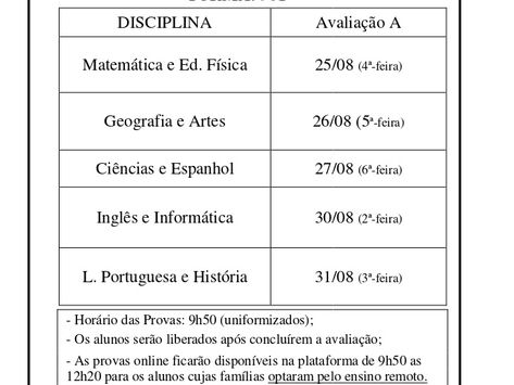 Calendário das Provas - 3 Bimestre