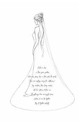 Design Level 3 veil embroidery illustration with longer verse-style text embroidered through the centre of the train
