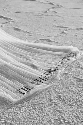 Close-up of a wedding veil with black script embroidery stitched along the edge