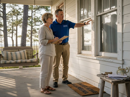 Couple and inspector at Gulf Coast home exterior
