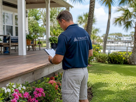 Home inspector examining Gulf Coast house exterior outdoors