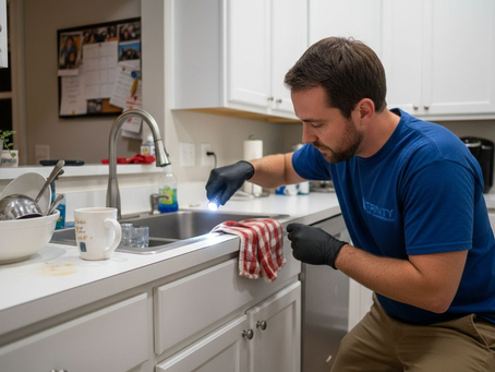 Homeowner checks clogged kitchen sink disposal