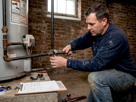 Plumber installing sediment trap on gas pipe