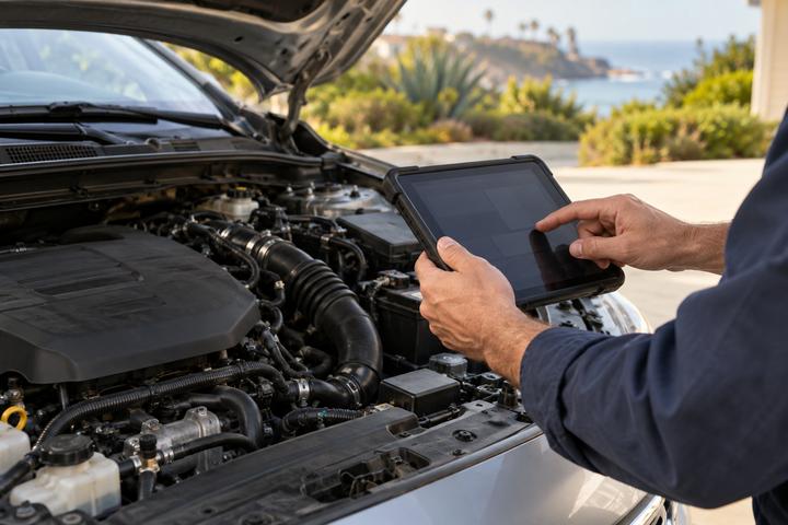 Vehicle diagnostics with a tablet under an open hood