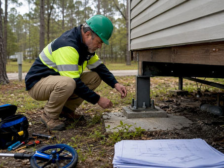 Engineer inspecting manufactured home foundation