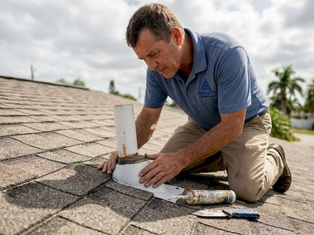 Contractor inspecting roof vent boot on shingle roof