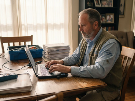 Home inspector writing report at dining table