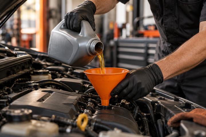 Fresh motor oil being added to an engine