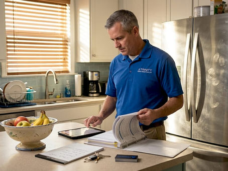 Home inspector reviewing paperwork in Gulf Coast kitchen