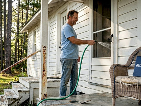 Homeowner rinsing Gulf Coast house siding