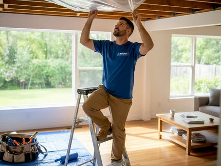 Contractor installing shiplap ceiling air barrier