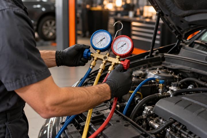 Checking vehicle air conditioning with pressure gauges