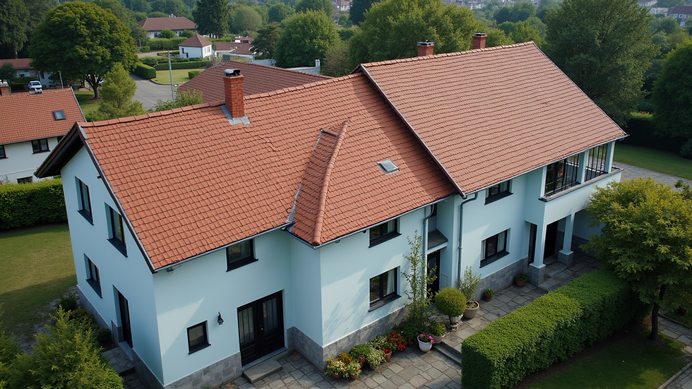 High angle view of a house with freshly painted roof and walls