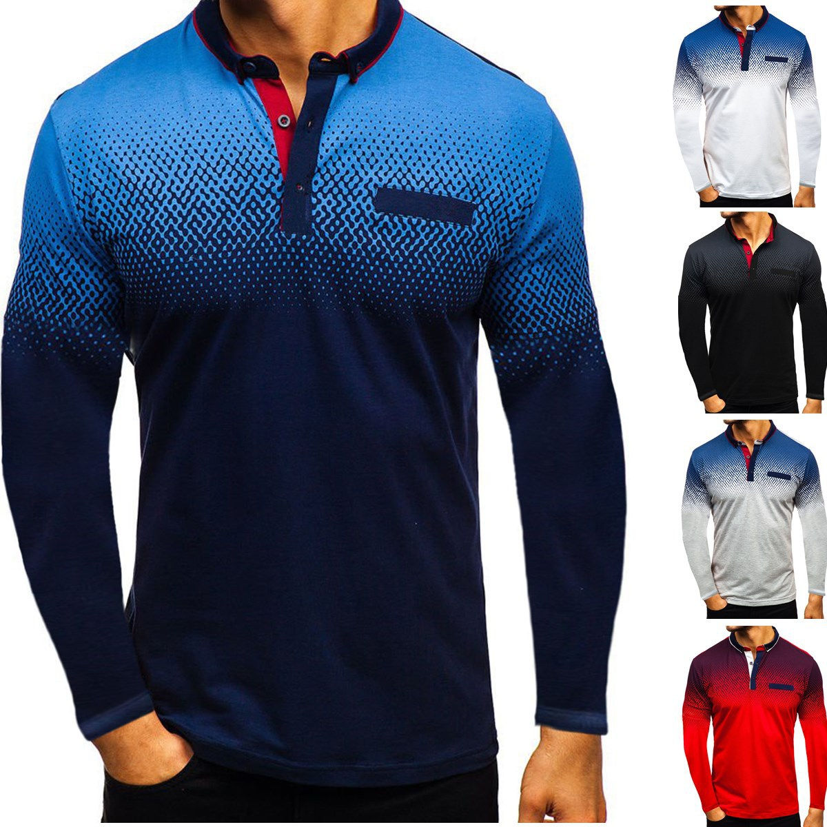 Men's Contrast Color Long Sleeve Polo Shirt __ VAKRA