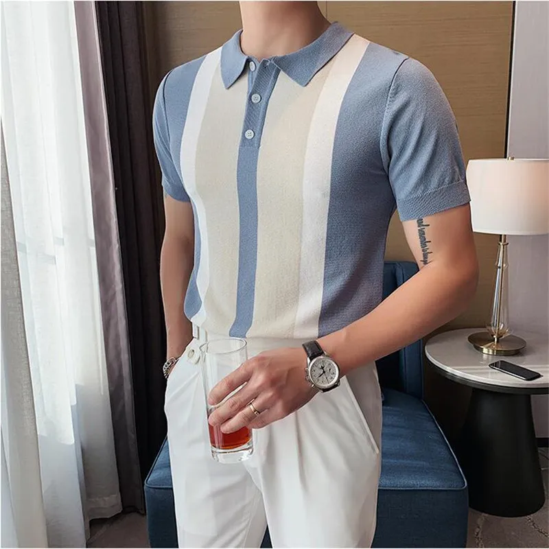 Thumbnail: Men's British Style Colour Block Knitted Polo Shirt __ VAKRA UK