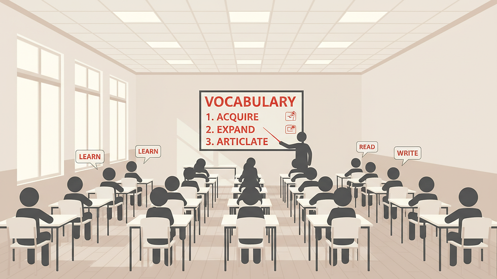 Eye-level view of a classroom with students engaged in an English lesson