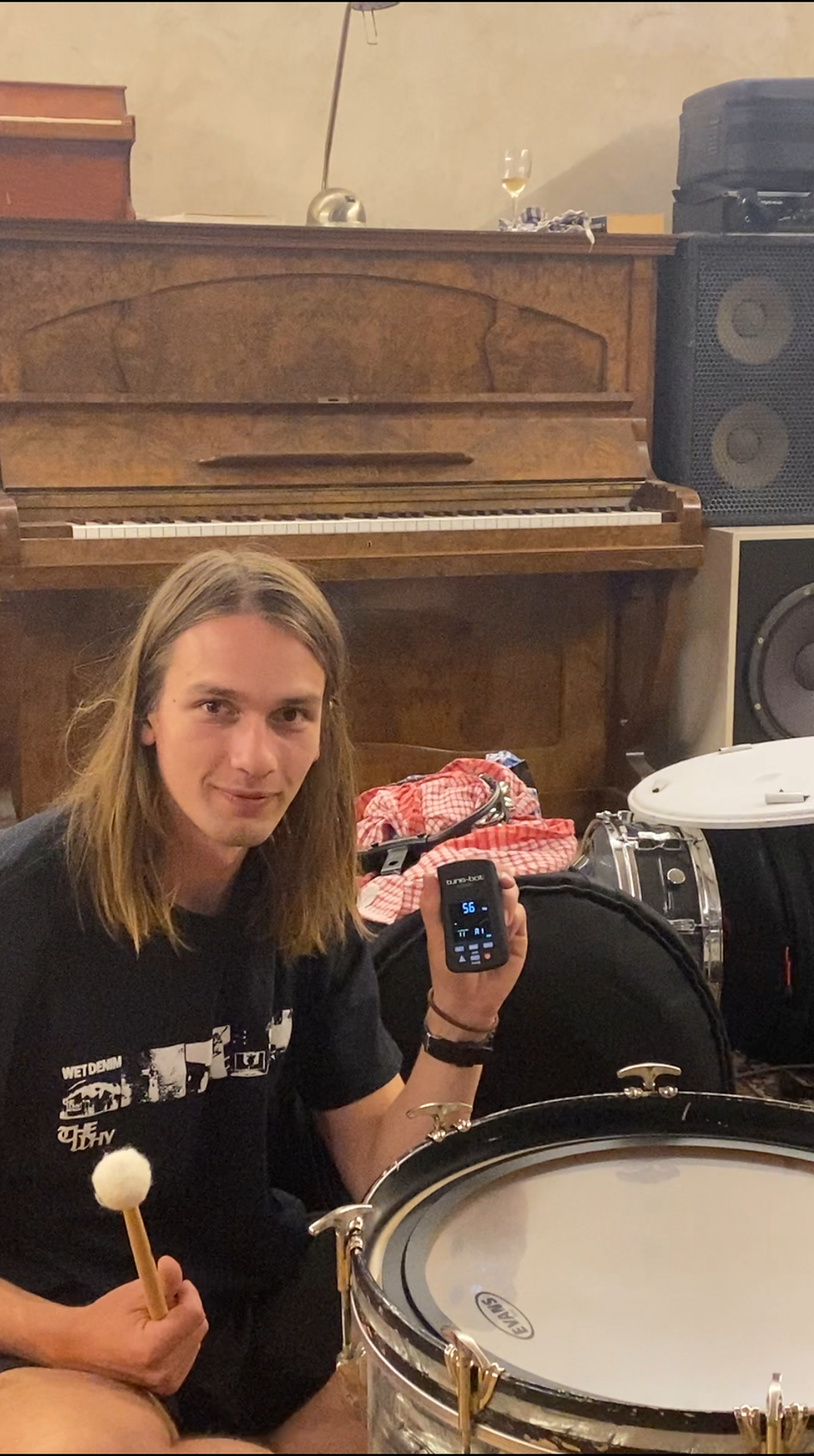 Josh tuning his drums before getting cracking into recording with his new tuning toy.