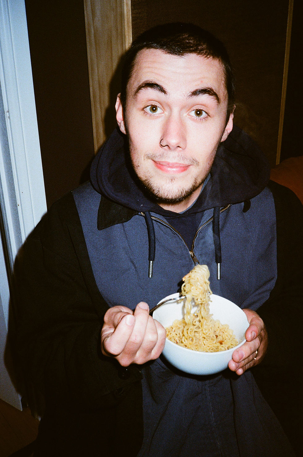 Ben still in his Running On Empty phase, two minute noodles, homejob haircut.