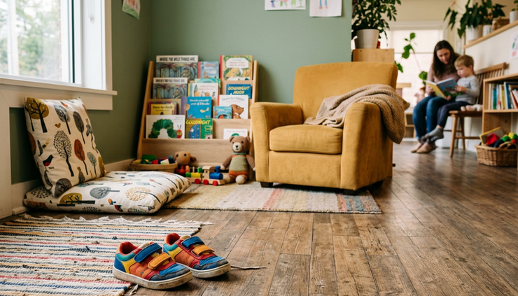 Close-up of colorful children’s shoes lined up beside a cozy reading corner