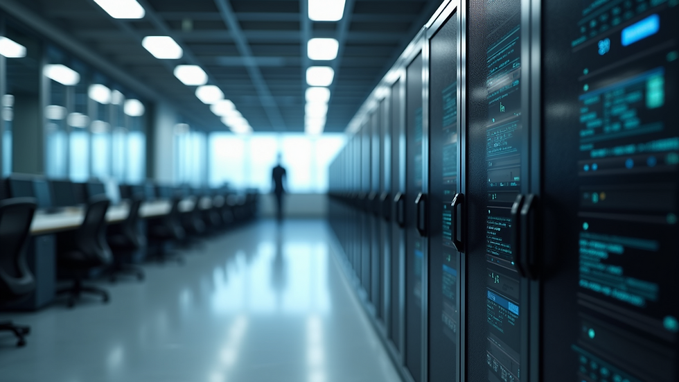 Eye-level view of a modern office with AI data servers