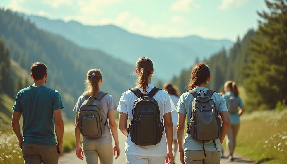 Close-up view of a travel guide holding a map with a group of travellers in the background