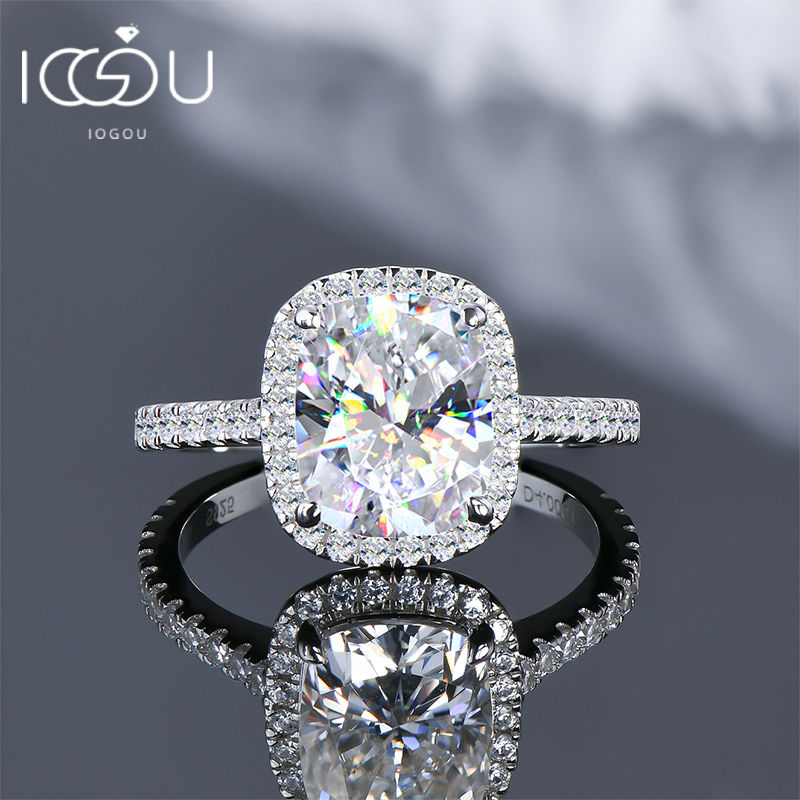 Thumbnail: IOGOU Luxury 4ct Moissanite Halo Engagement Ring Certified Cushion Cut Diamond W