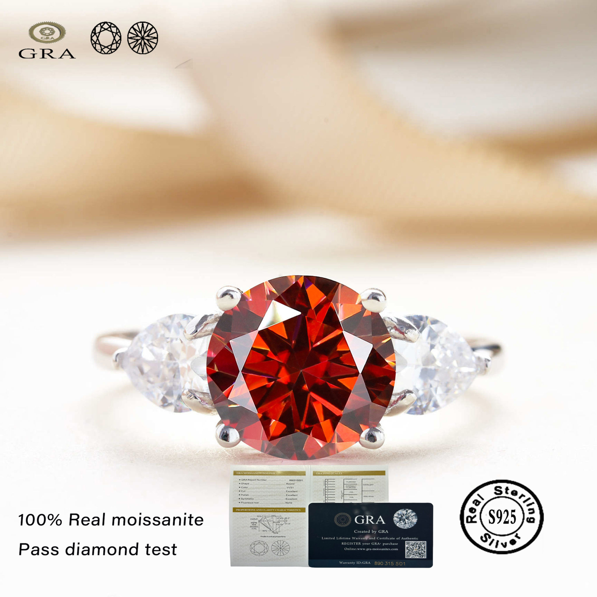 Luxury 9mm 3ct D Color Moissanite Rings Classic 4 Prong S925 Sterling Silver Fin