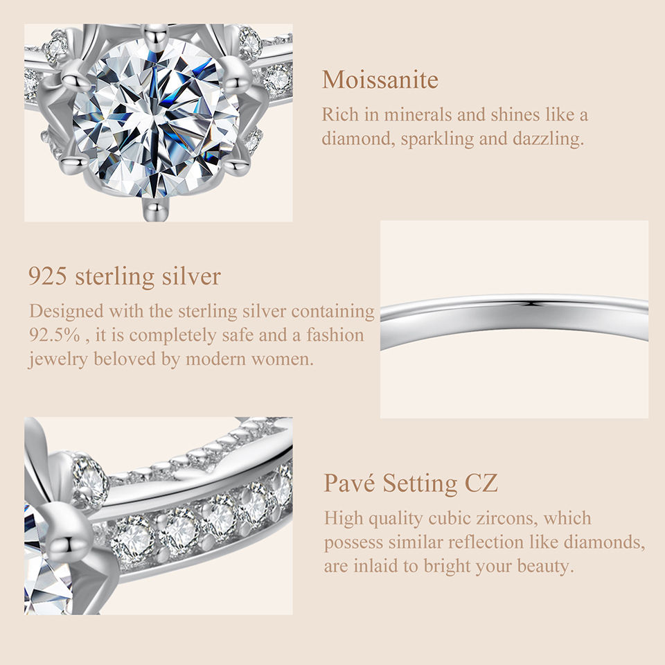 Thumbnail: BAMOER D Color VVS1 EX Moissanite Flower Ring 1ct Round Moissanite Diamond Solit