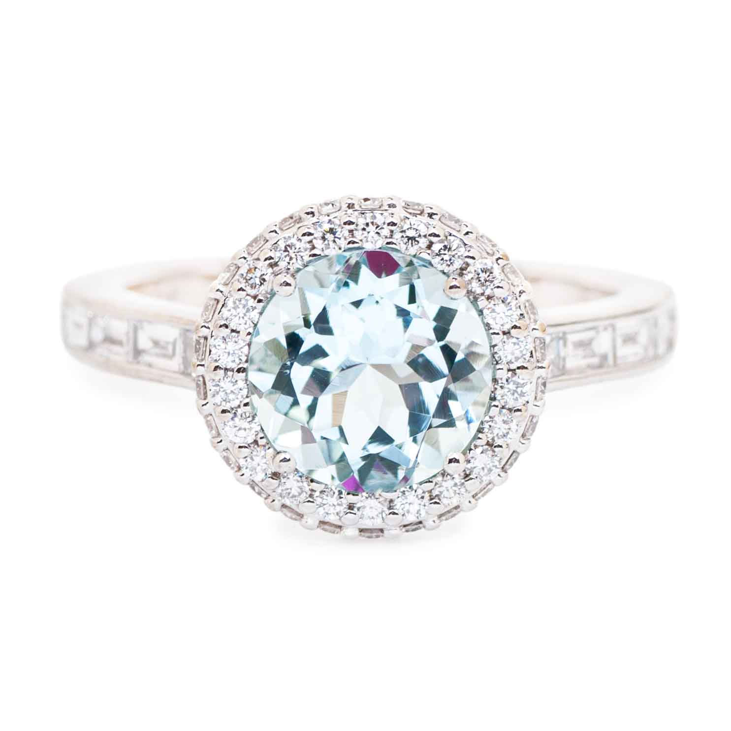 Round Aquamarine Cocktail Ring with Square Cut Band