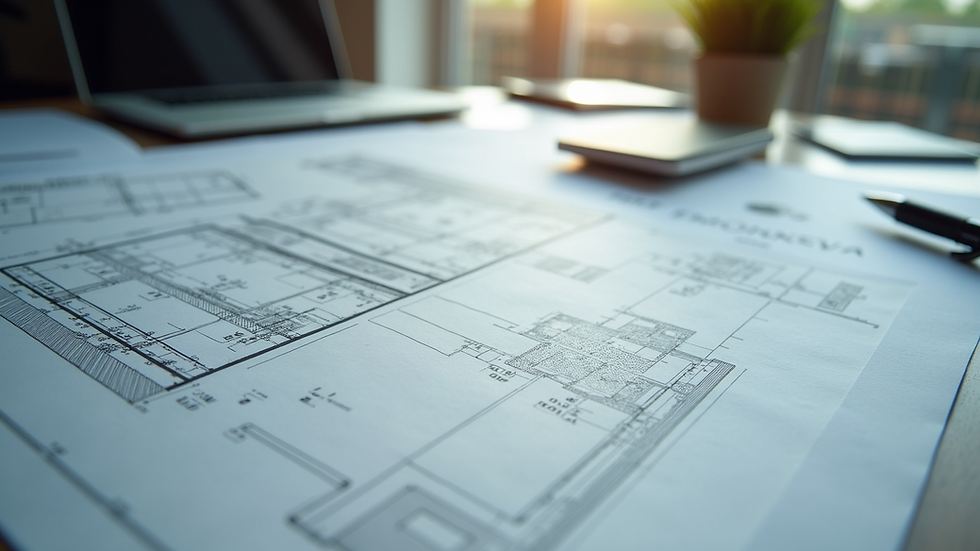 High angle view of architectural plans and financial documents on a desk