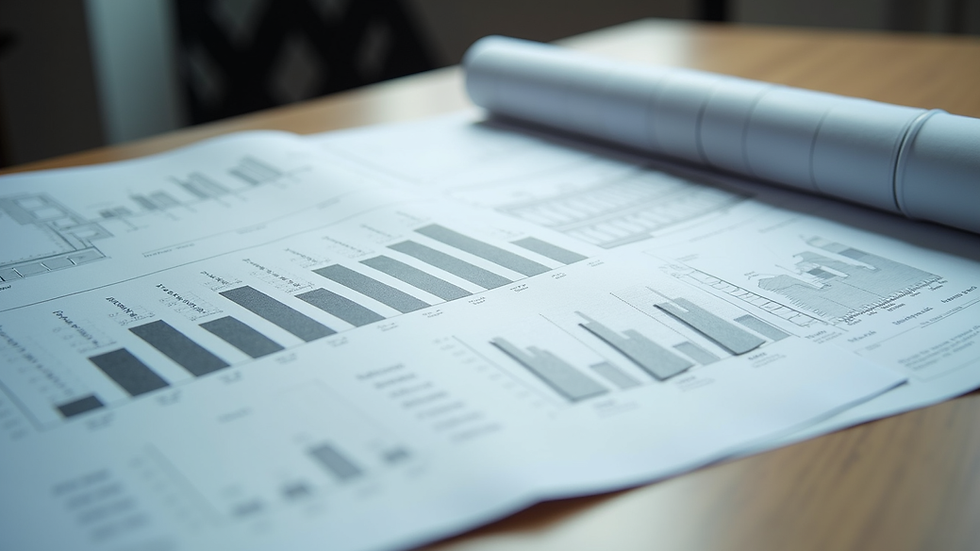 High angle view of architectural plans and financial documents on a desk