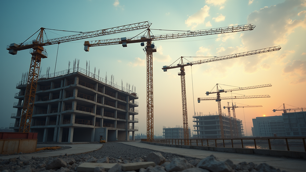 Eye-level view of a construction site with cranes and building framework
