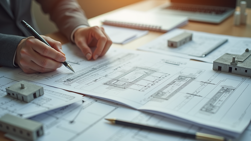 High angle view of architectural plans and construction models on a desk