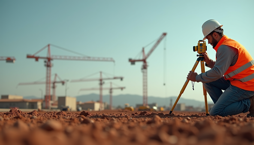 Site-survey equipment and measured plans being used to verify property conditions before final design.